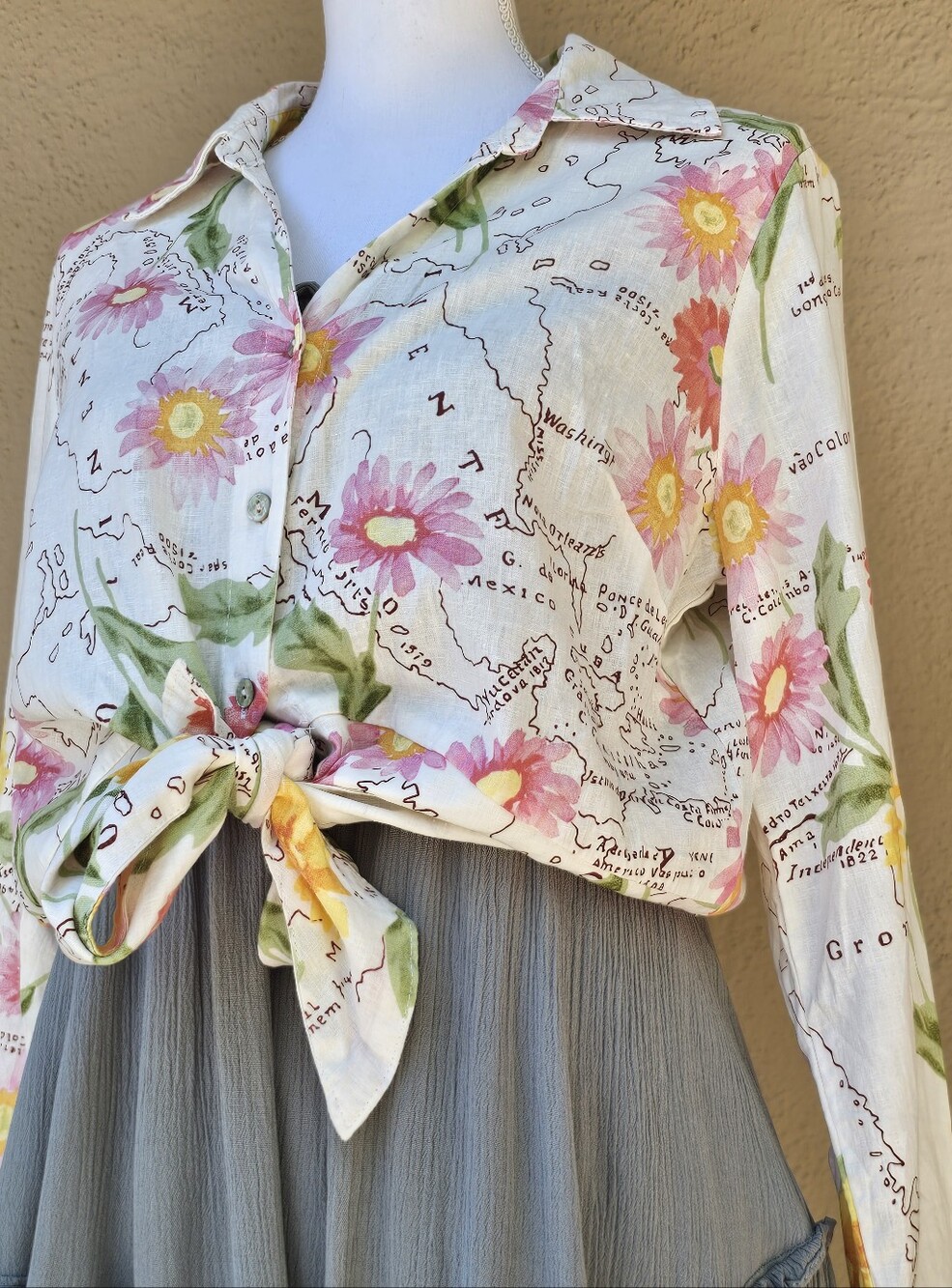 Calypso St. Barth Novelty Print Floral Vacation Destination Map 100% Linen SZ XL - Picture 2 of 15